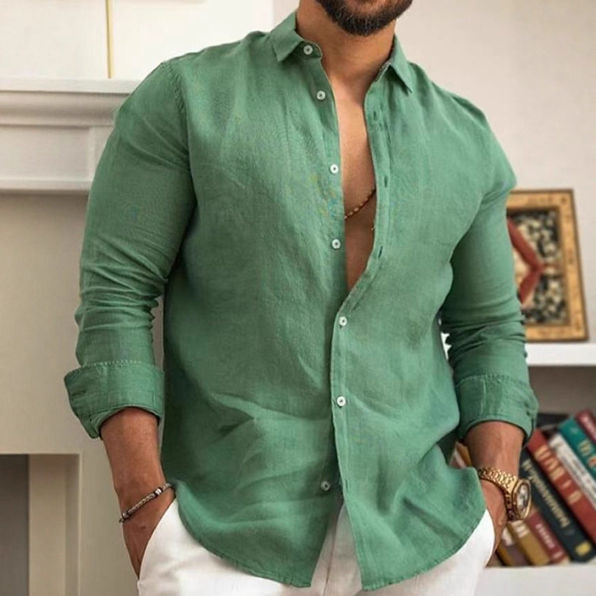 Casual Solid Color Cotton Linen Men's Shirt  Style modergreen