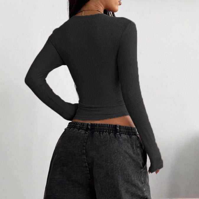 Women's slim fit V-neck long sleeved elastic top