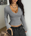Women's slim fit V-neck long sleeved elastic top