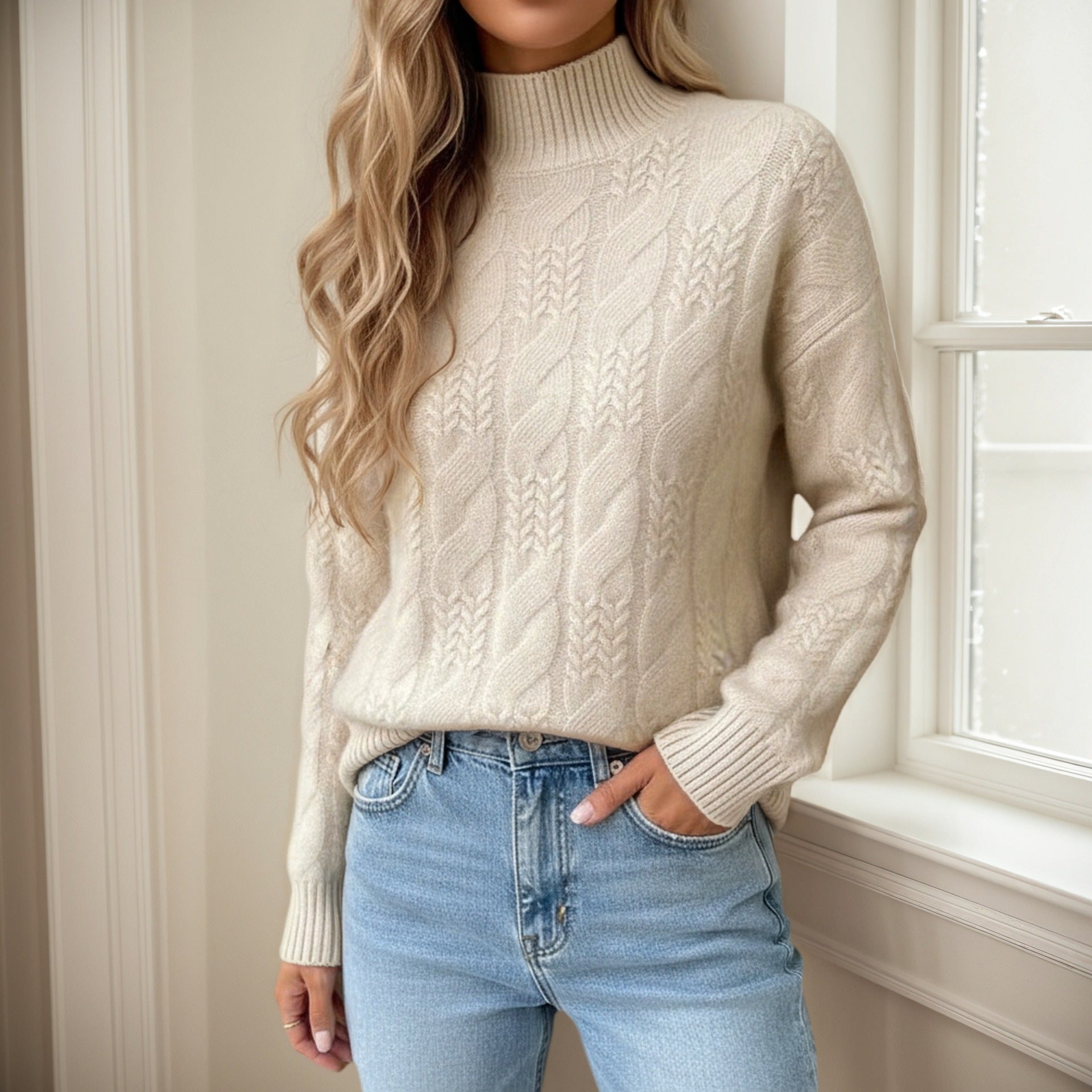 Half high neck solid color pullover sweater for women