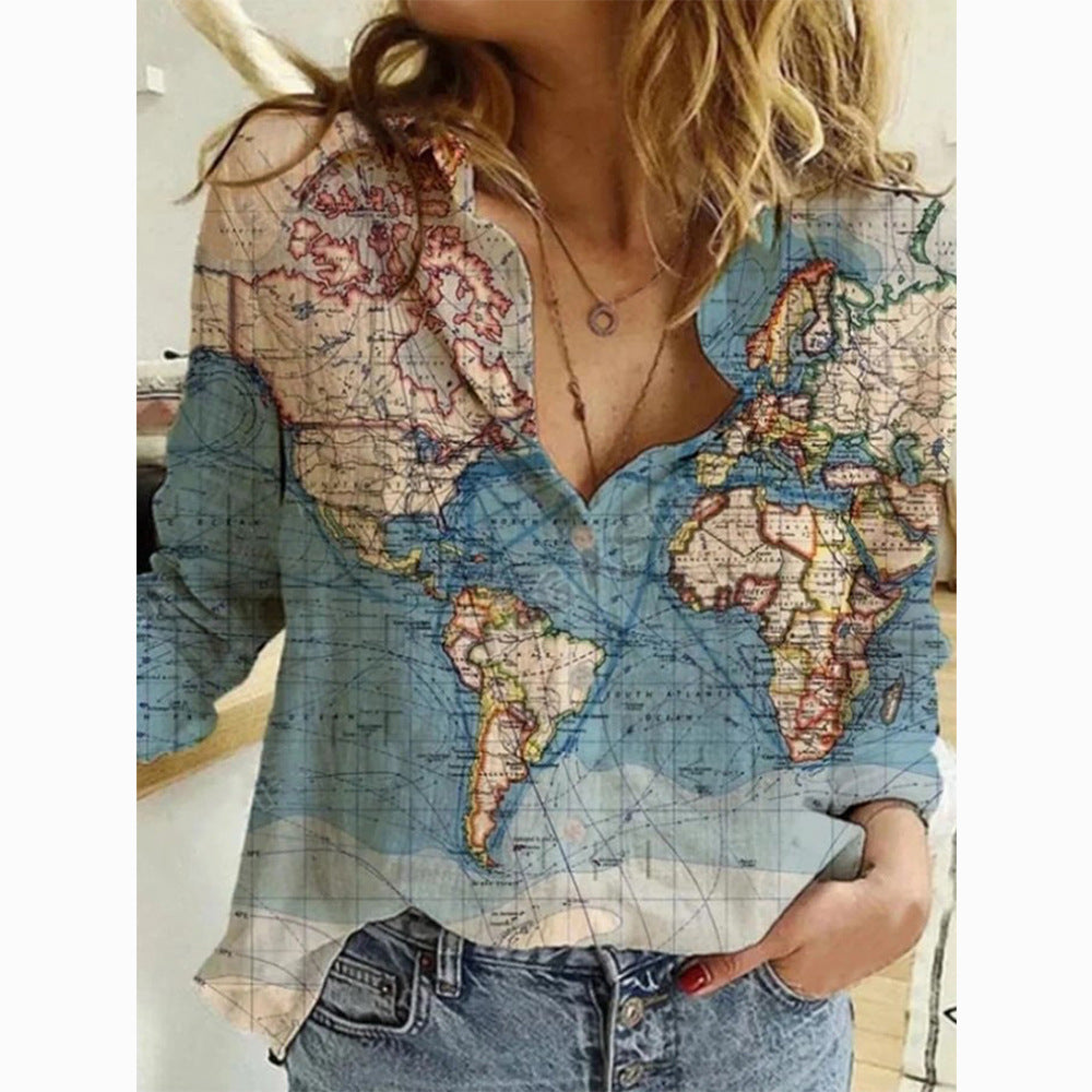 Fashion Map Print Long Sleeve Shirt for Women
