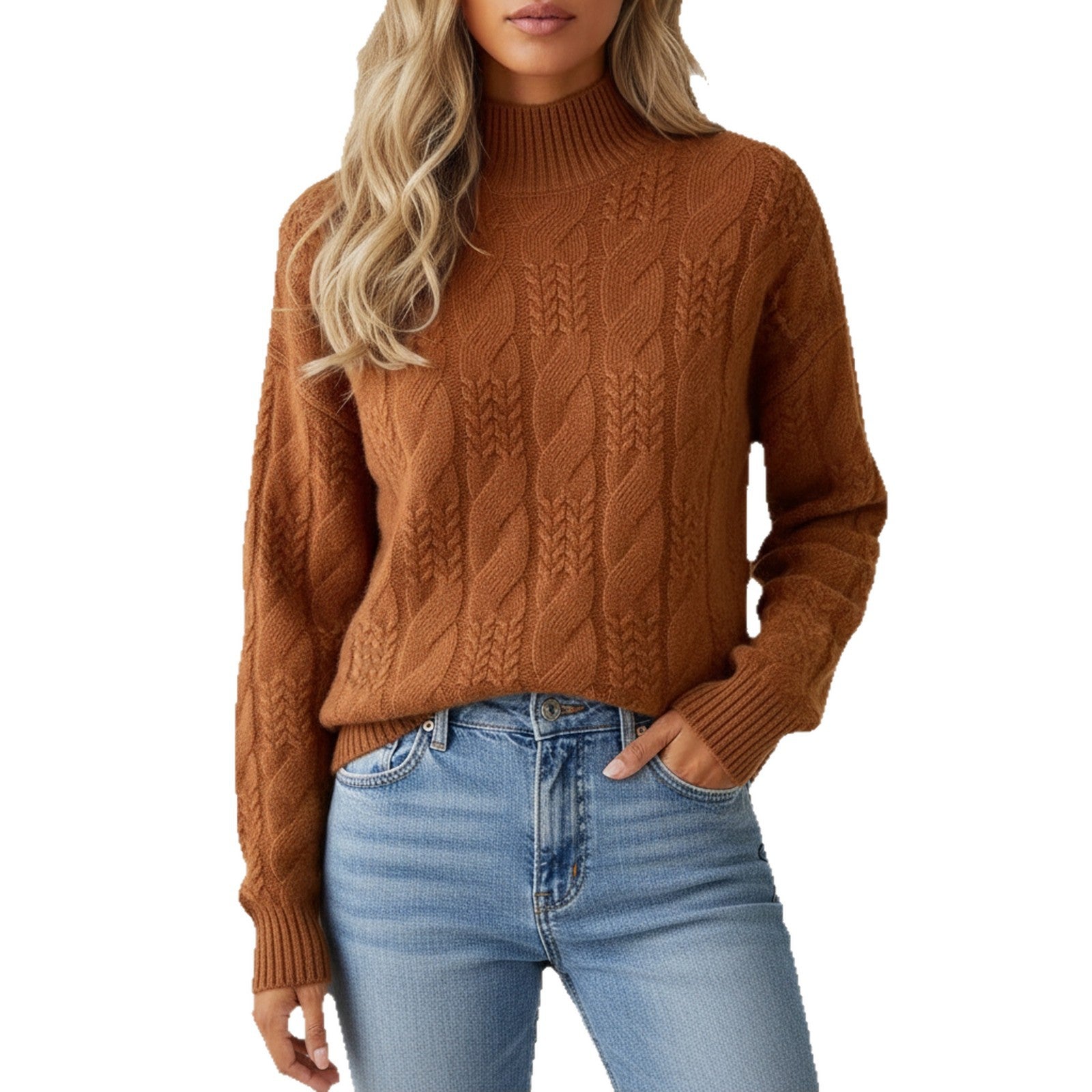 Half high neck solid color pullover sweater for women