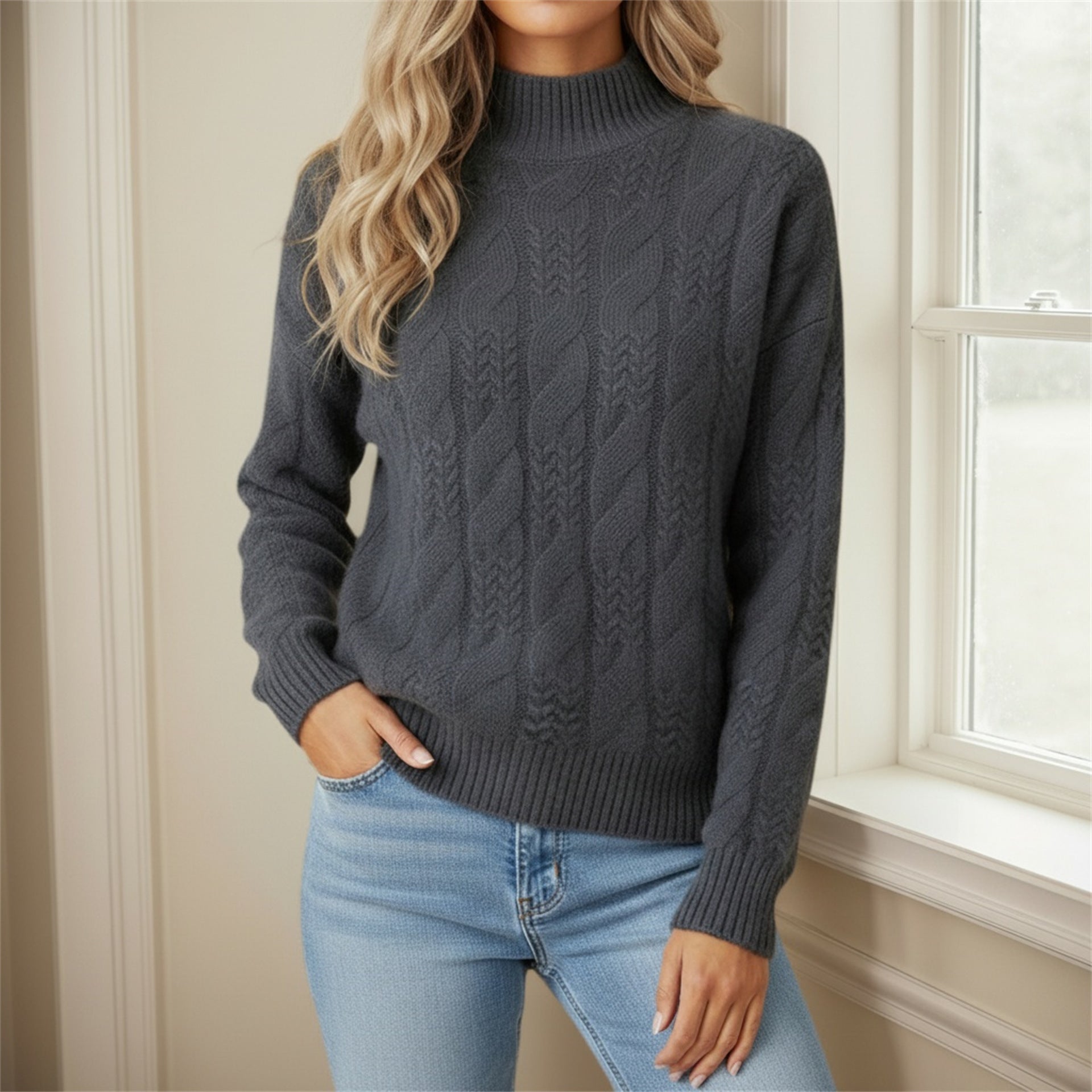 Half high neck solid color pullover sweater for women