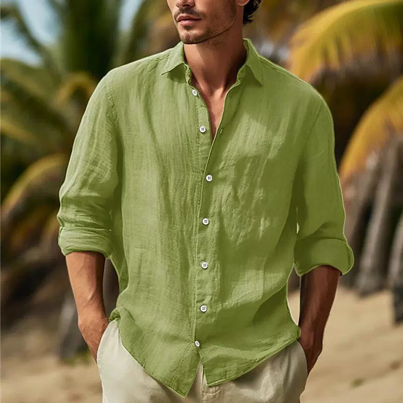 Casual Solid Color Cotton Linen Men's Shirt  Style modergreen