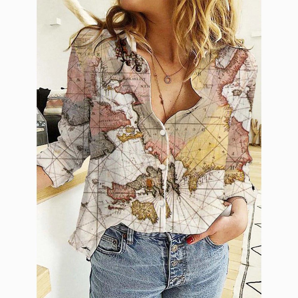 Fashion Map Print Long Sleeve Shirt for Women