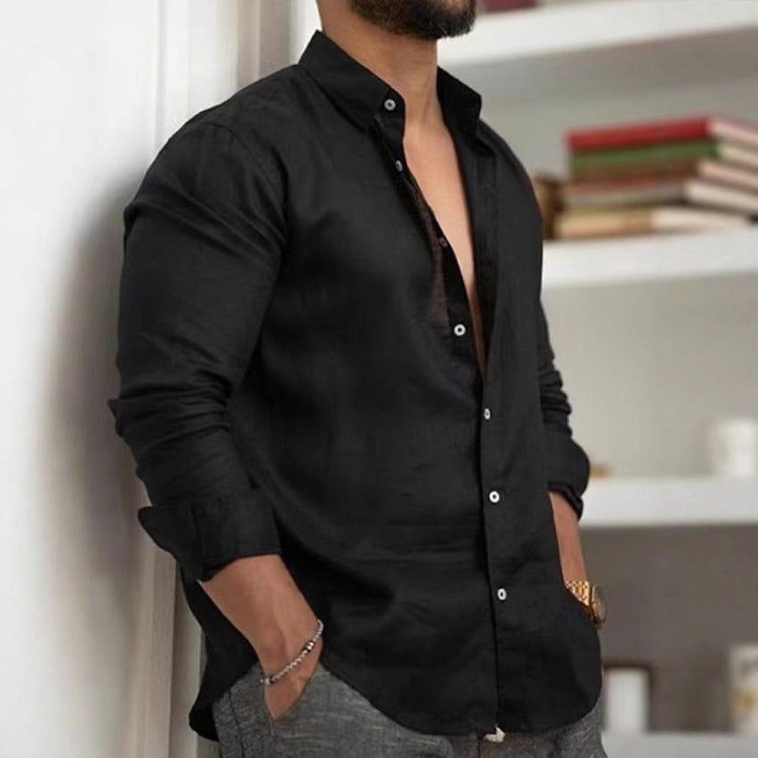 Casual Solid Color Cotton Linen Men's Shirt  Style modergreen