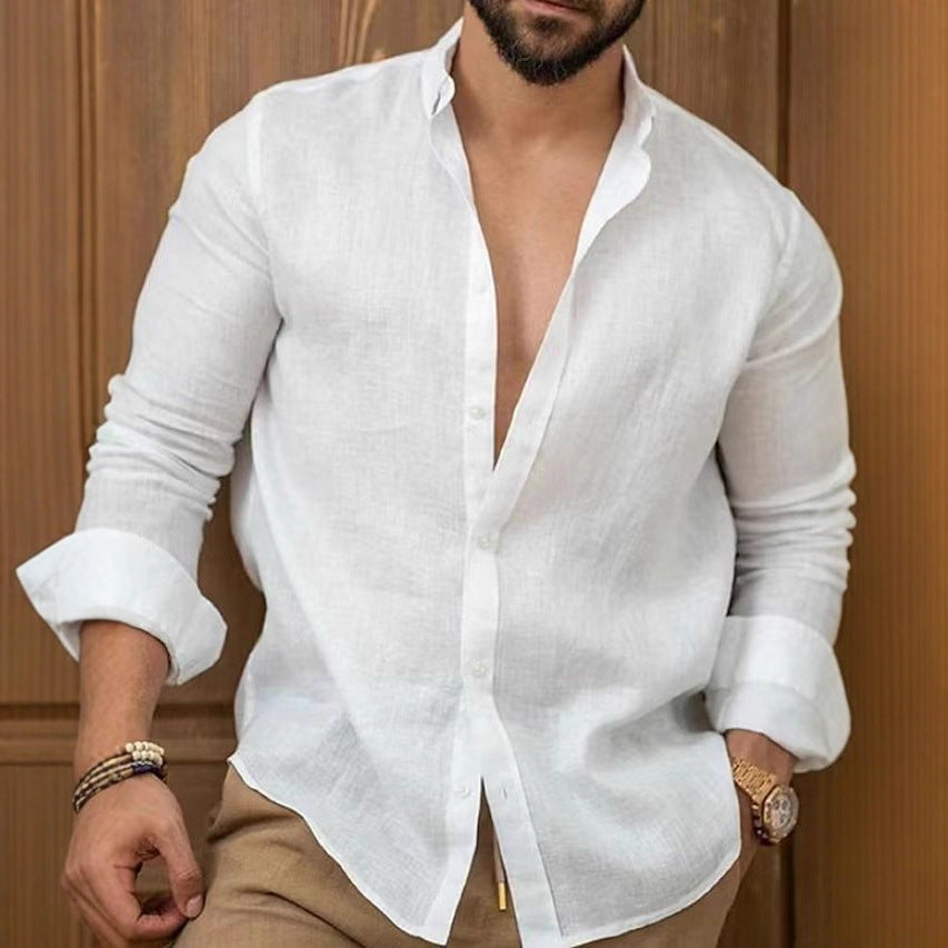 Casual Solid Color Cotton Linen Men's Shirt  Style modergreen