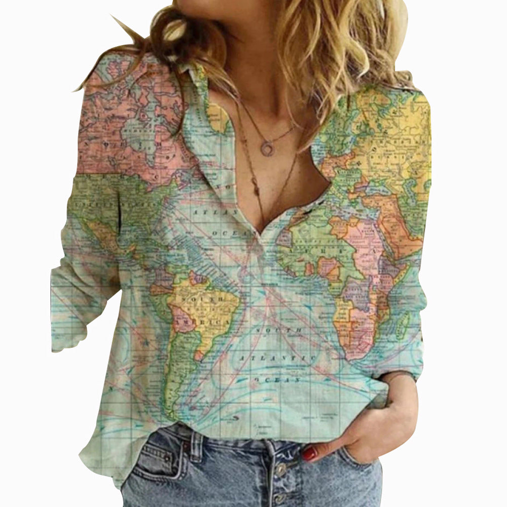 Fashion Map Print Long Sleeve Shirt for Women