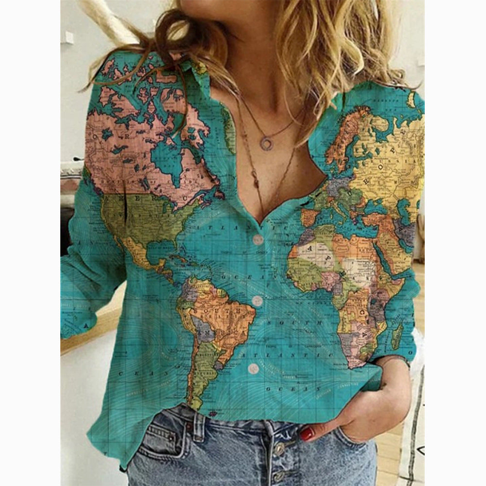 Fashion Map Print Long Sleeve Shirt for Women