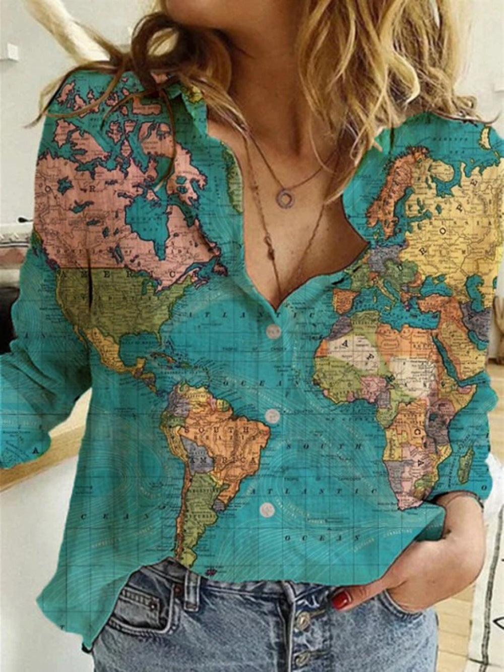 Fashion Map Print Long Sleeve Shirt for Women
