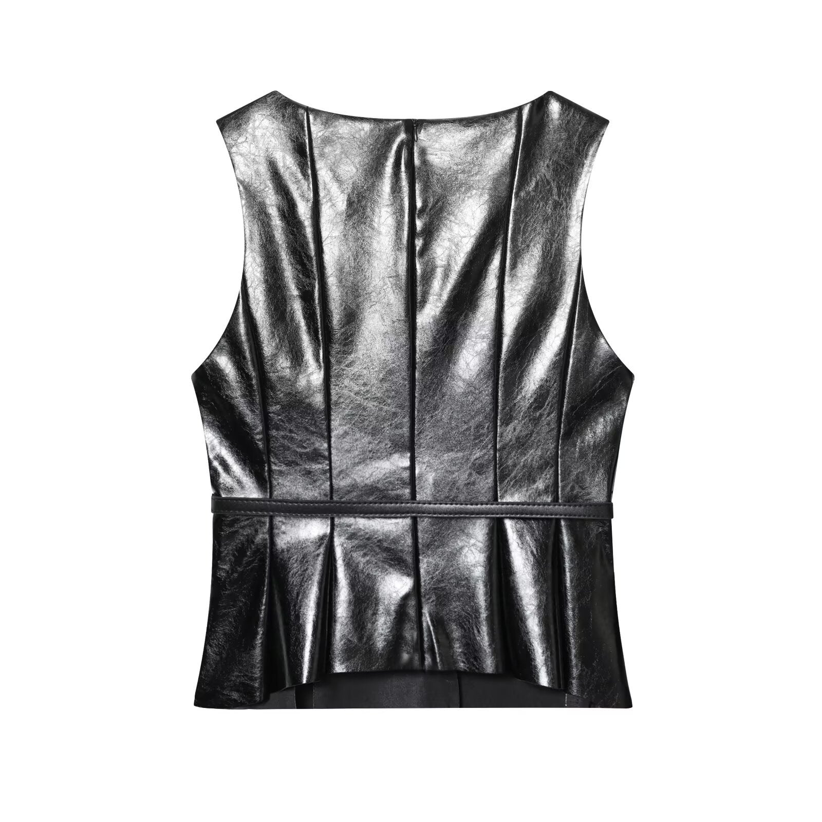 Imitation leather belt sleeveless top for women's clothing