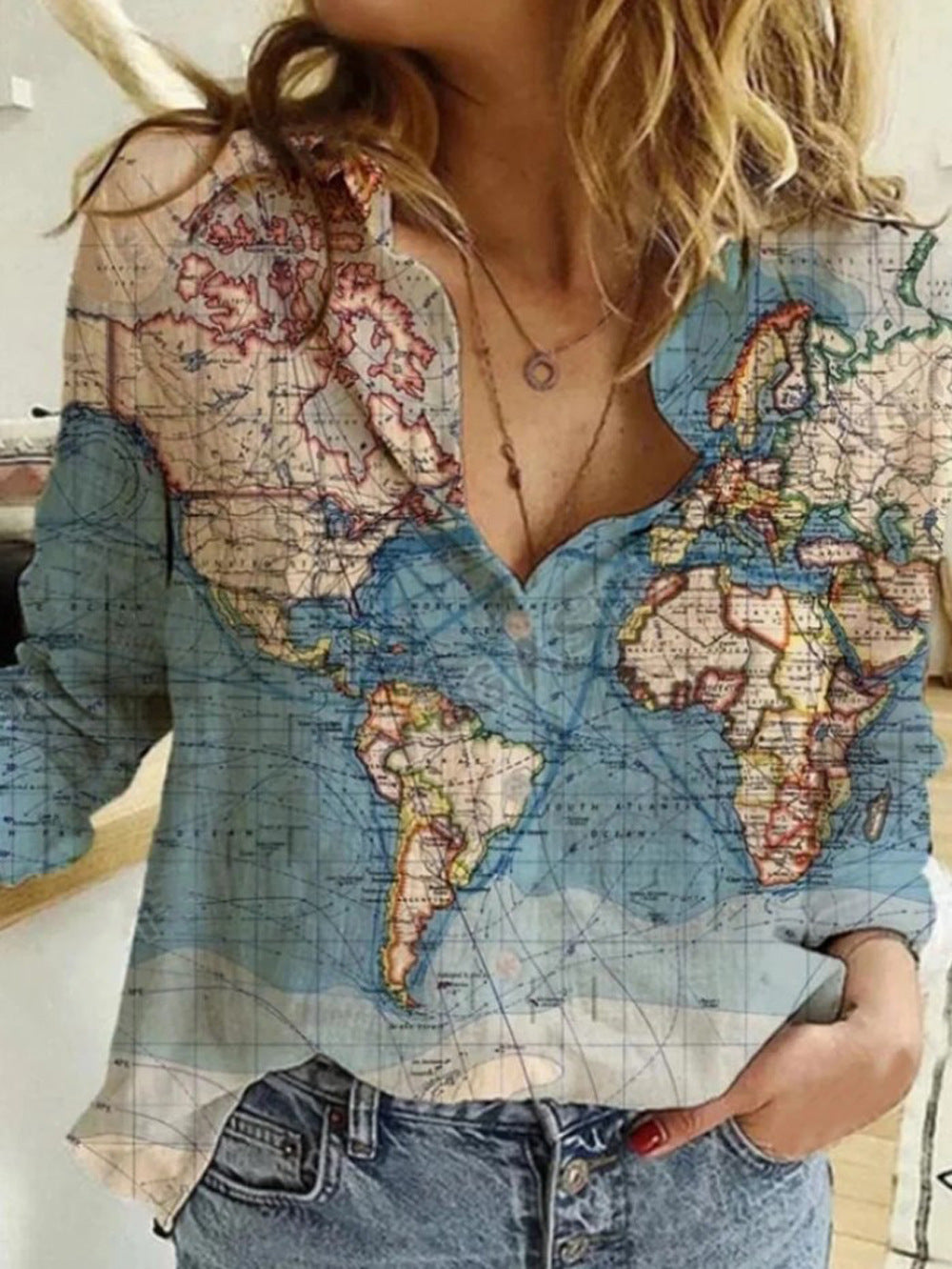 Fashion Map Print Long Sleeve Shirt for Women