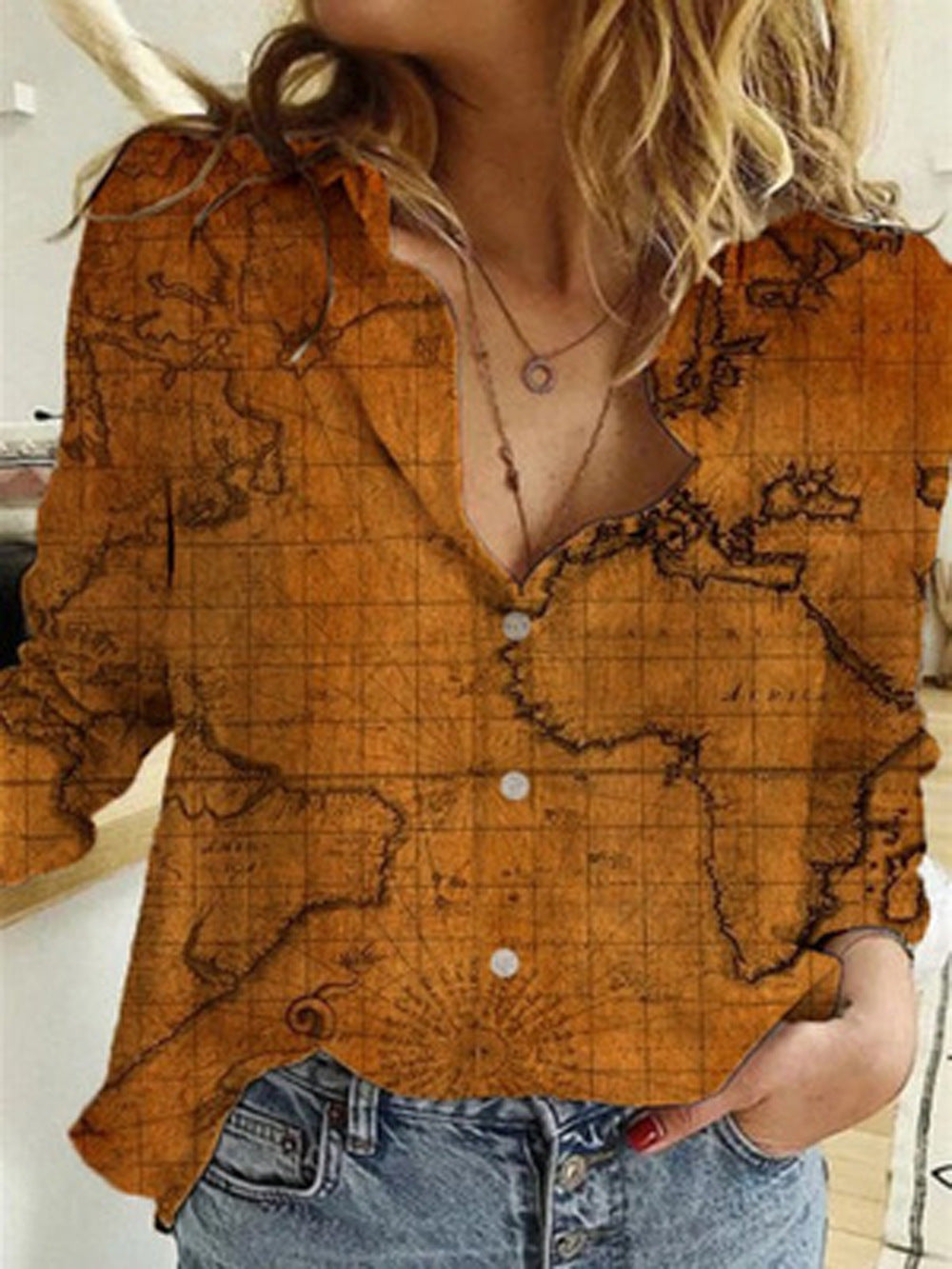 Fashion Map Print Long Sleeve Shirt for Women