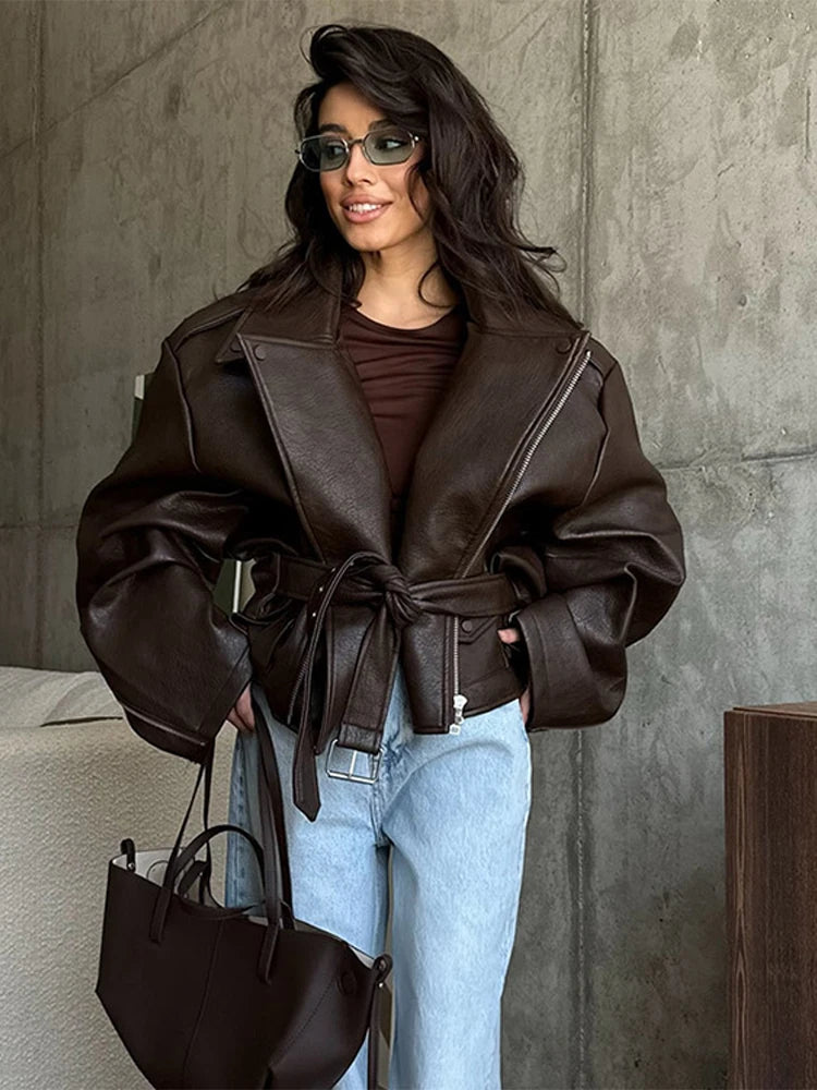 Chaqueta de cuero con cordones, abrigo con cinturón, traje con cuello, cintura ceñida, adelgazante, cremallera, chaquetas de motocicleta, solapa, prendas de vestir de moda urbana