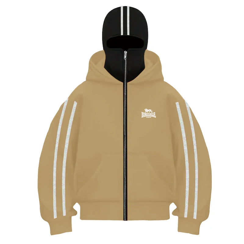 2025 Sudadera con capucha de doble sombrero de manga larga para fitness al aire libre de otoño e invierno para hombre Chaqueta tipo cárdigan holgada, moderna e informal con cremallera