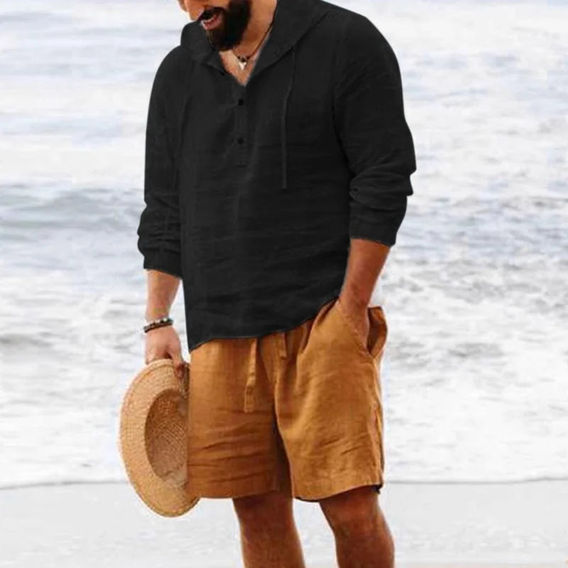 Camiseta de manga larga con capucha para hombre, camisa informal de lino y algodón con botones, Color sólido, Estilo Vintage, para playa, verano, 2026. Modergreen beach ⛱️