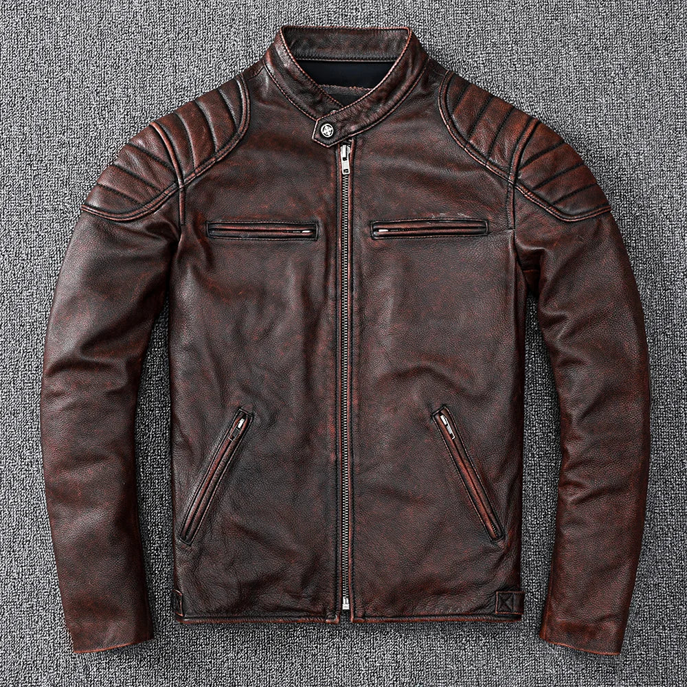 Chaqueta De Cuero De vaca para motocicleta, ropa De Moto, Ropa De cuero genuino para hombre, Chaqueta De motociclista Vintage, Abrigo De Cuero, Chaqueta De Cuero