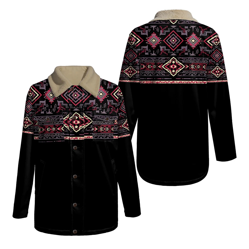Chaqueta reversible con estampado tribal y cuello de piel sintética, abrigo con patrón geométrico para otoño e invierno, ropa de abrigo de doble bolsillo de estilo bohemio