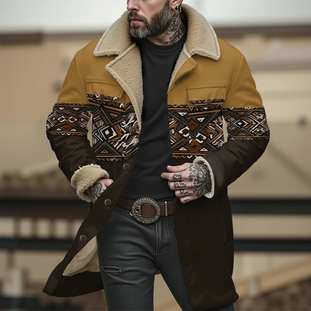 Chaqueta reversible con estampado tribal y cuello de piel sintética, abrigo con patrón geométrico para otoño e invierno, ropa de abrigo de doble bolsillo de estilo bohemio