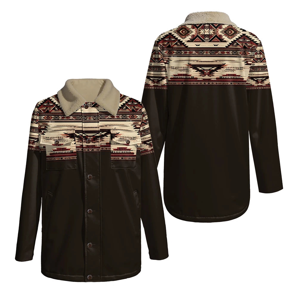Chaqueta reversible con estampado tribal y cuello de piel sintética, abrigo con patrón geométrico para otoño e invierno, ropa de abrigo de doble bolsillo de estilo bohemio