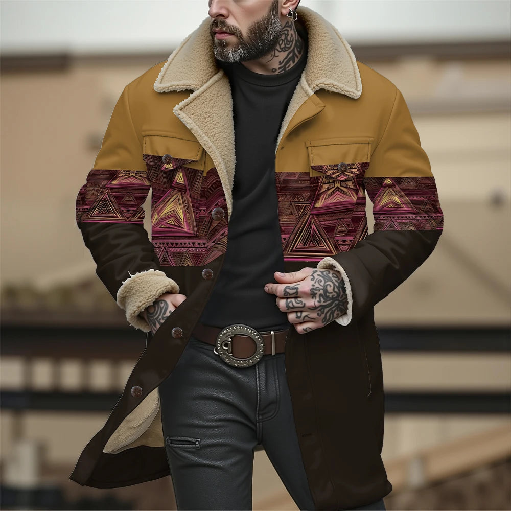 Chaqueta reversible con estampado tribal y cuello de piel sintética, abrigo con patrón geométrico para otoño e invierno, ropa de abrigo de doble bolsillo de estilo bohemio