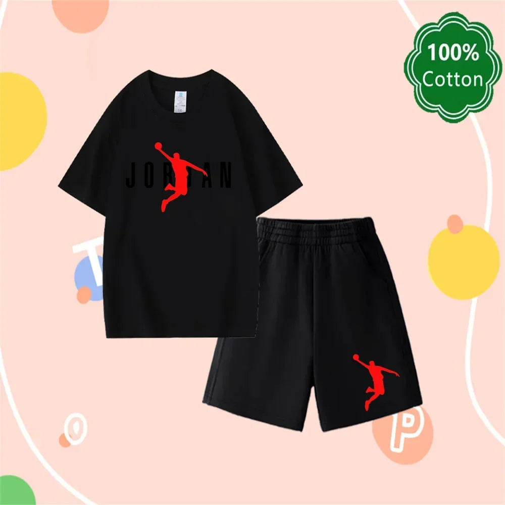 Conjunto de camiseta y pantalones cortos informales con estampado Harajuku Jordan, 100% algodón, diseño clásico, regalo de verano para niños y niñas de 3 a 14 años