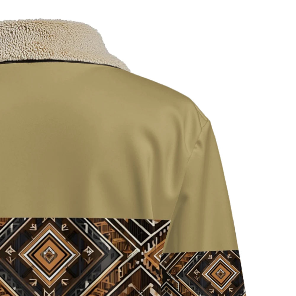 Chaqueta reversible con estampado tribal y cuello de piel sintética, abrigo con patrón geométrico para otoño e invierno, ropa de abrigo de doble bolsillo de estilo bohemio