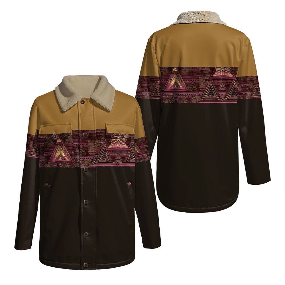Chaqueta reversible con estampado tribal y cuello de piel sintética, abrigo con patrón geométrico para otoño e invierno, ropa de abrigo de doble bolsillo de estilo bohemio