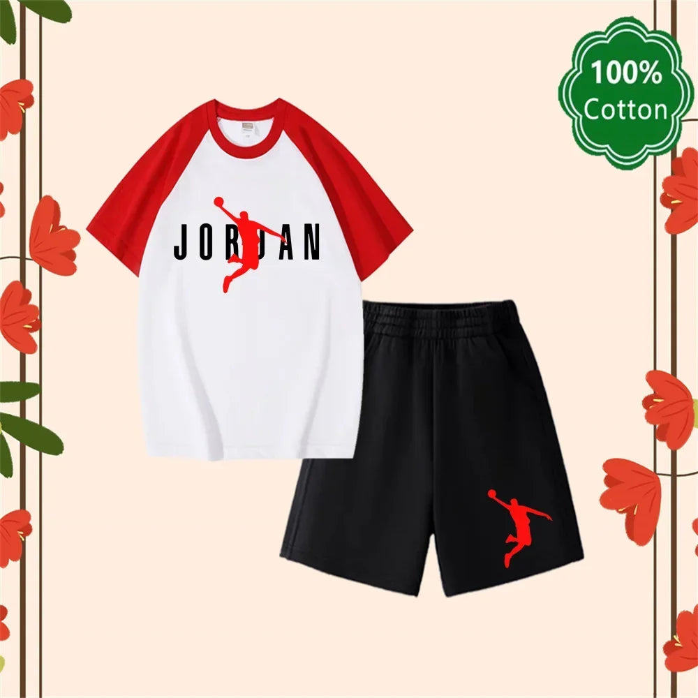 Conjunto de camiseta y pantalones cortos informales con estampado Harajuku Jordan, 100% algodón, diseño clásico, regalo de verano para niños y niñas de 3 a 14 años