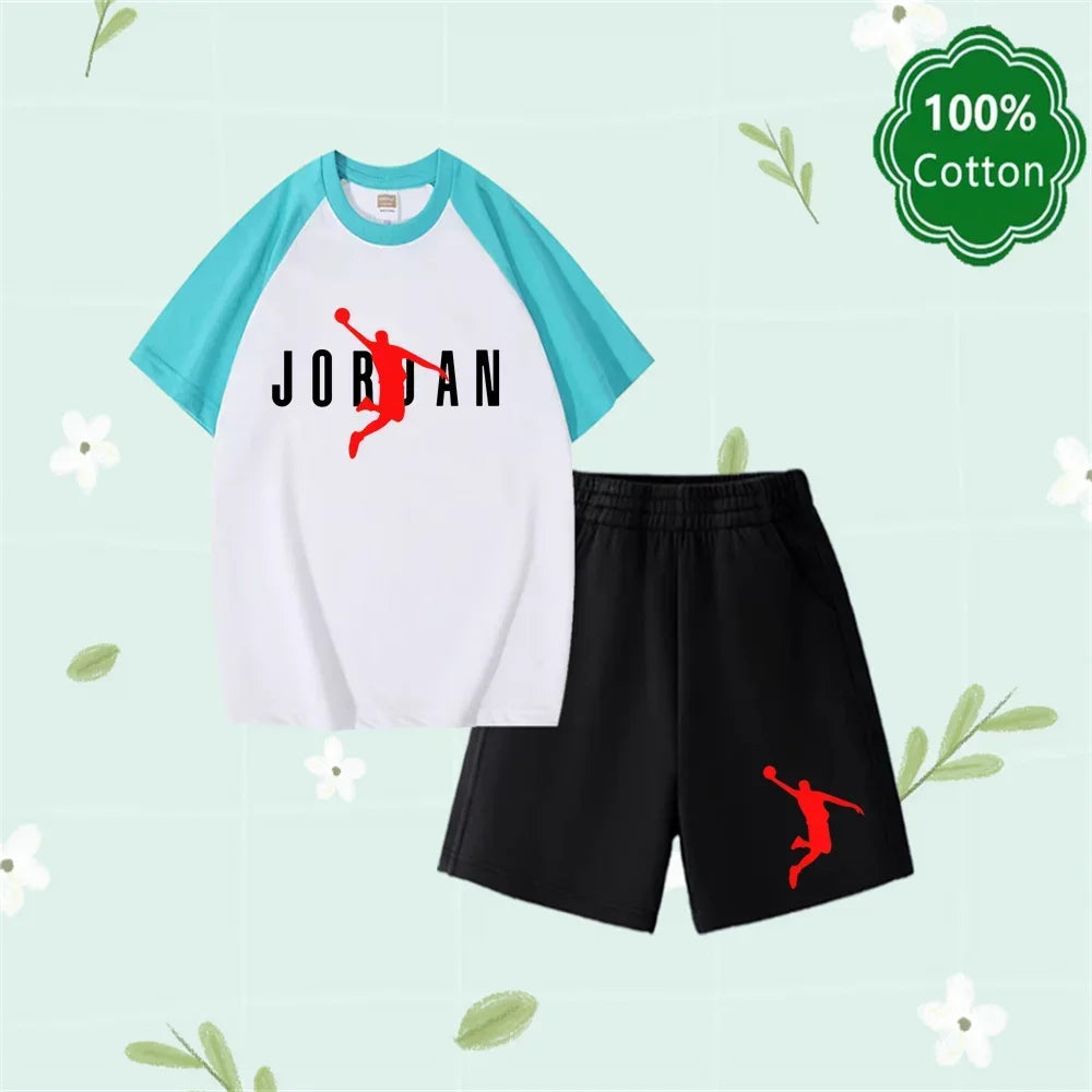 Conjunto de camiseta y pantalones cortos informales con estampado Harajuku Jordan, 100% algodón, diseño clásico, regalo de verano para niños y niñas de 3 a 14 años