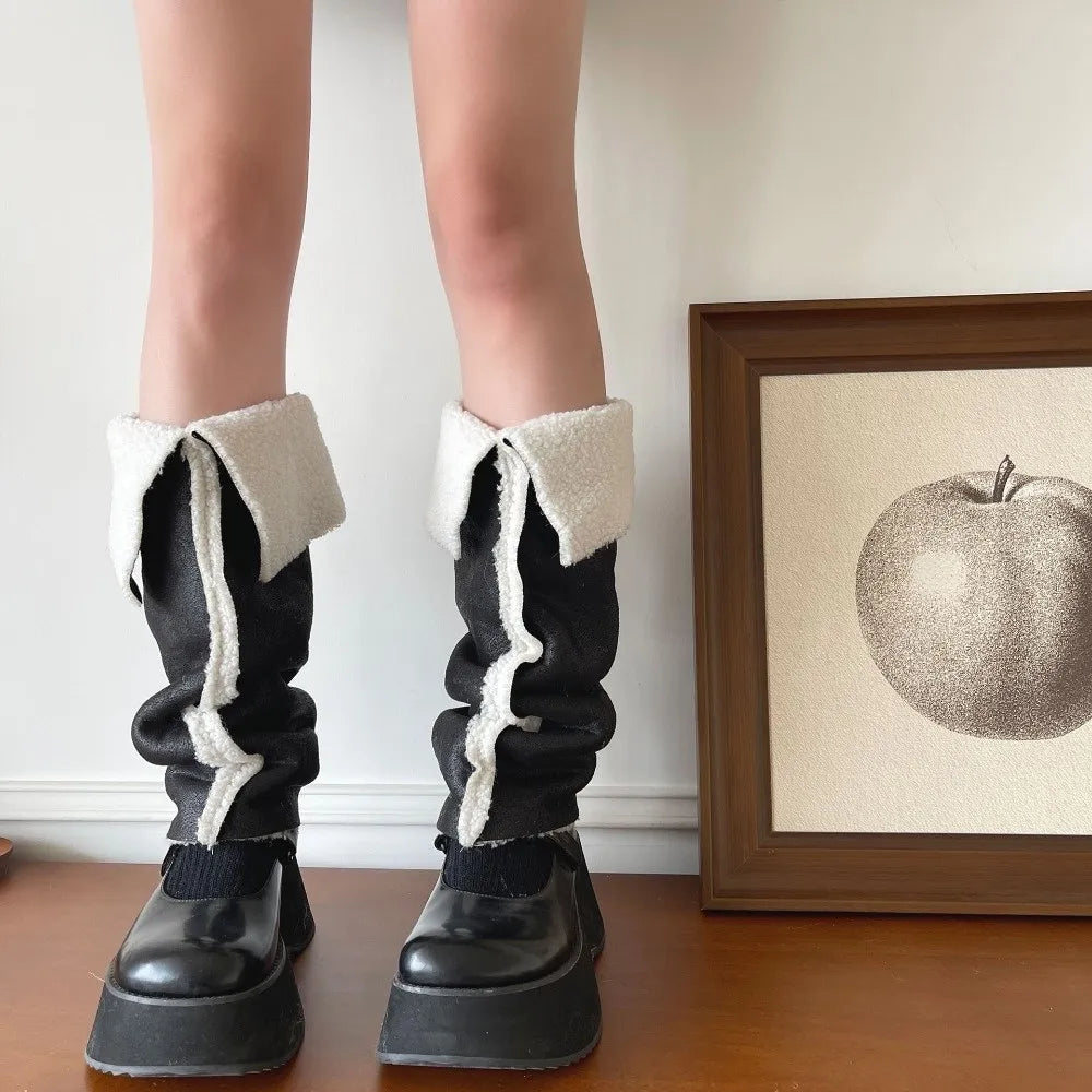 Calentadores de piernas de gamuza gruesa Lolita, diseño de cuello vuelto, protección contra el viento, cubierta para pies, botas cálidas a media pantorrilla, cubierta para Otoño e Invierno