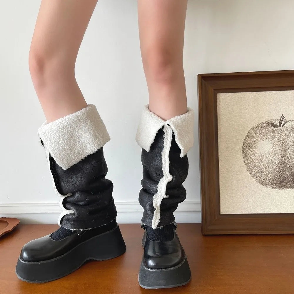 Calentadores de piernas de gamuza gruesa Lolita, diseño de cuello vuelto, protección contra el viento, cubierta para pies, botas cálidas a media pantorrilla, cubierta para Otoño e Invierno