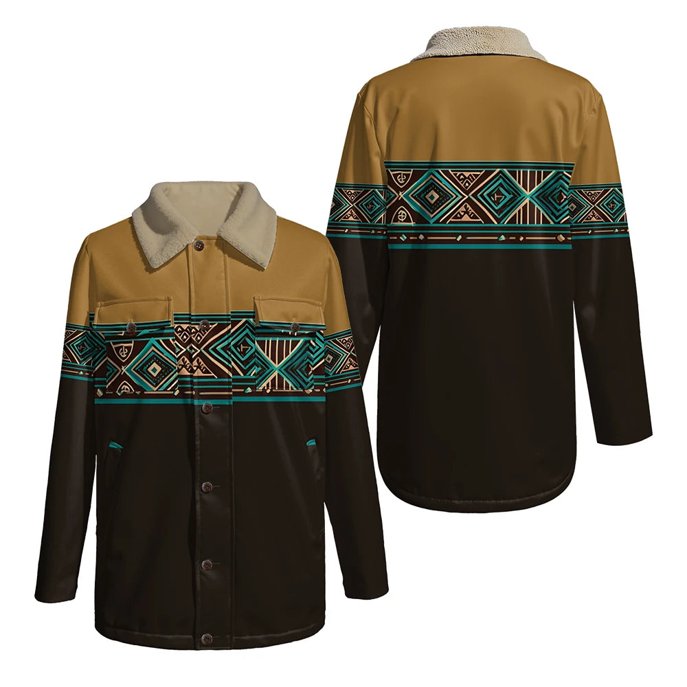 Chaqueta reversible con estampado tribal y cuello de piel sintética, abrigo con patrón geométrico para otoño e invierno, ropa de abrigo de doble bolsillo de estilo bohemio