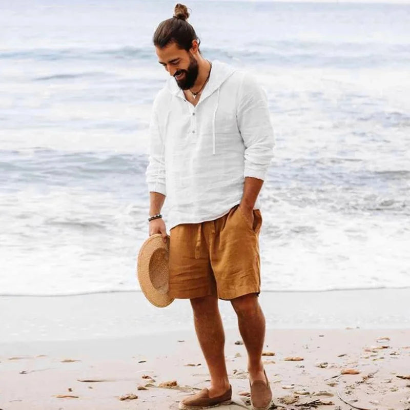 Camiseta de manga larga con capucha para hombre, camisa informal de lino y algodón con botones, Color sólido, Estilo Vintage, para playa, verano, 2026. Modergreen beach ⛱️