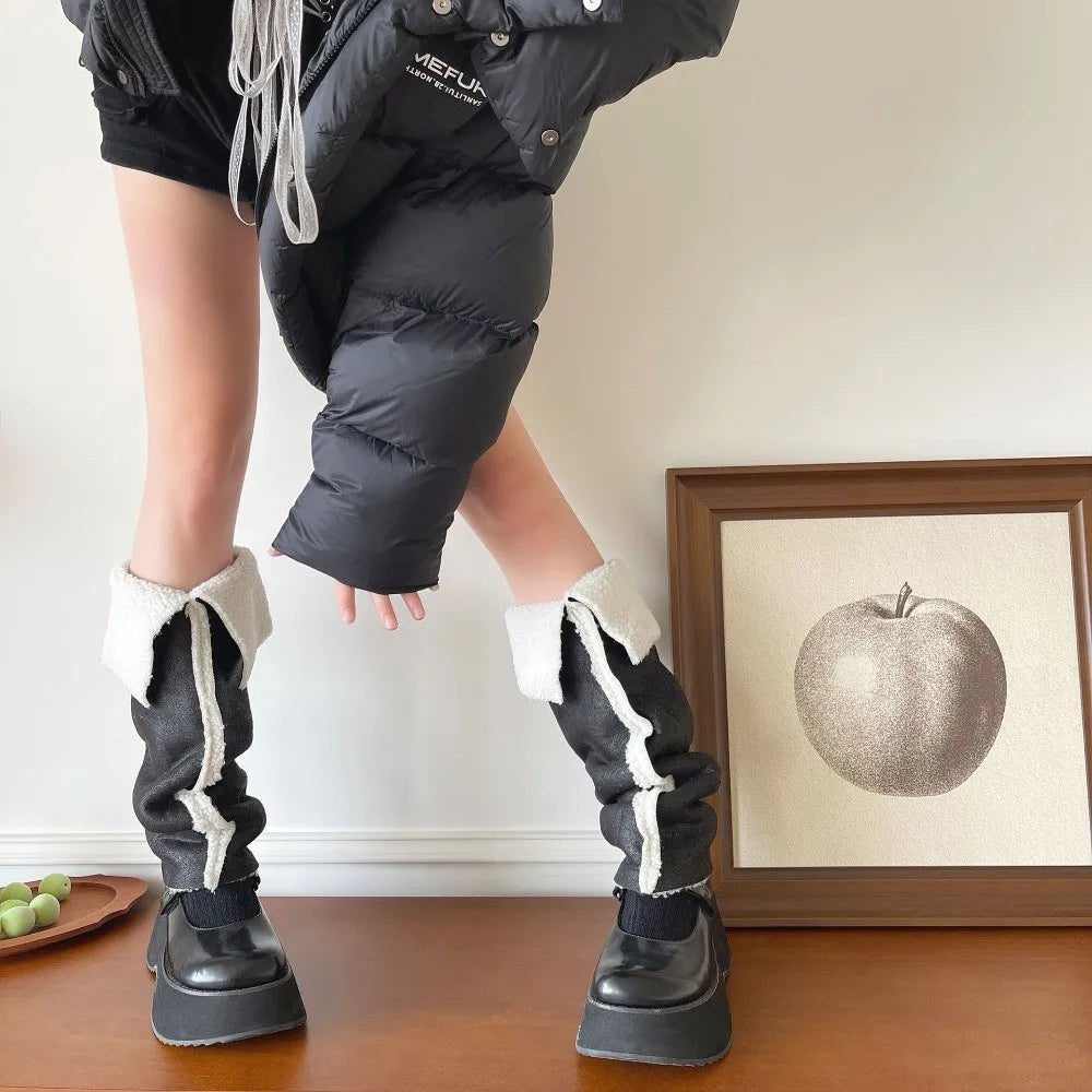 Calentadores de piernas de gamuza gruesa Lolita, diseño de cuello vuelto, protección contra el viento, cubierta para pies, botas cálidas a media pantorrilla, cubierta para Otoño e Invierno
