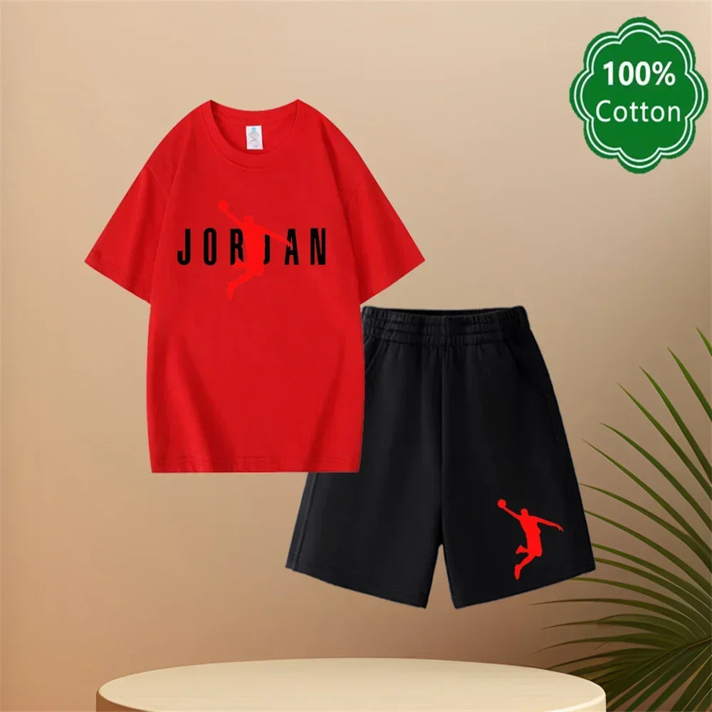 Conjunto de camiseta y pantalones cortos informales con estampado Harajuku Jordan, 100% algodón, diseño clásico, regalo de verano para niños y niñas de 3 a 14 años