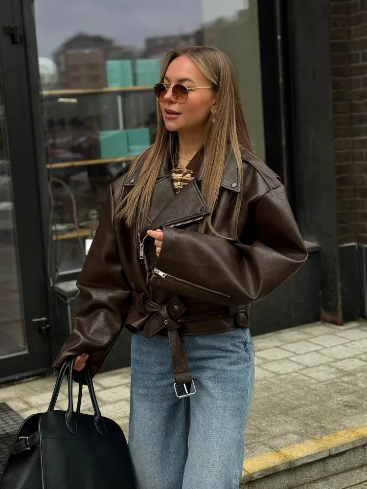 Chaqueta de cuero con cordones, abrigo con cinturón, traje con cuello, cintura ceñida, adelgazante, cremallera, chaquetas de motocicleta, solapa, prendas de vestir de moda urbana