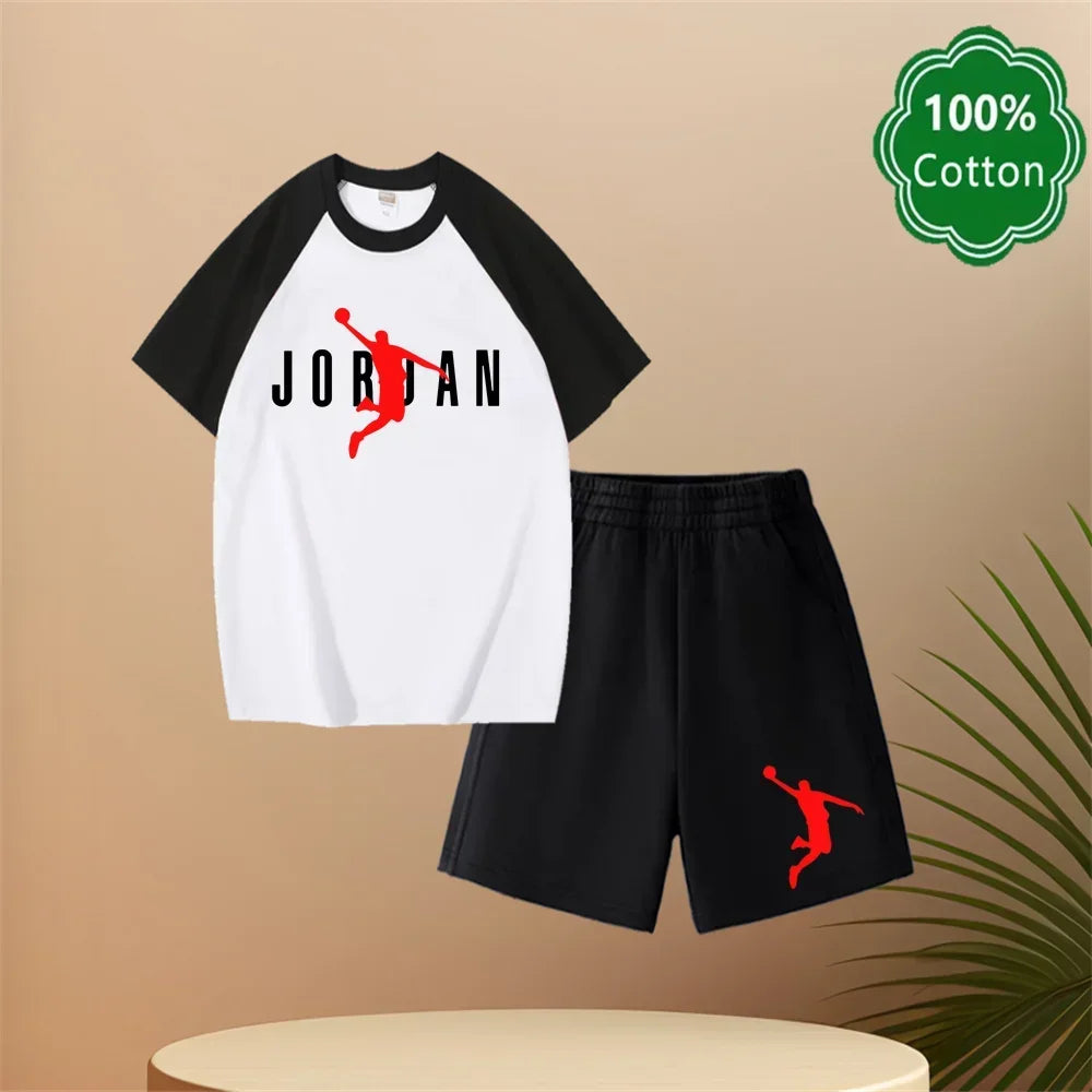 Conjunto de camiseta y pantalones cortos informales con estampado Harajuku Jordan, 100% algodón, diseño clásico, regalo de verano para niños y niñas de 3 a 14 años