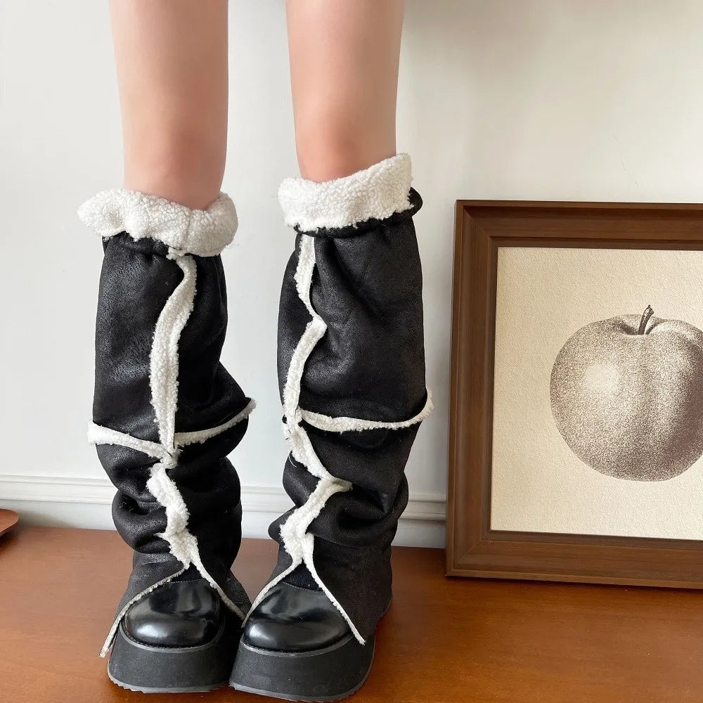 Calentadores de piernas de gamuza gruesa Lolita, diseño de cuello vuelto, protección contra el viento, cubierta para pies, botas cálidas a media pantorrilla, cubierta para Otoño e Invierno