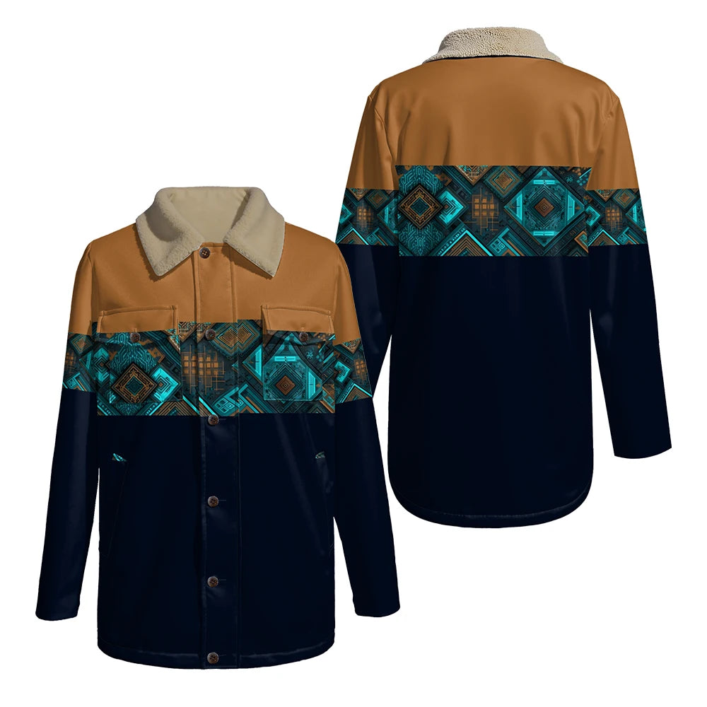 Chaqueta reversible con estampado tribal y cuello de piel sintética, abrigo con patrón geométrico para otoño e invierno, ropa de abrigo de doble bolsillo de estilo bohemio