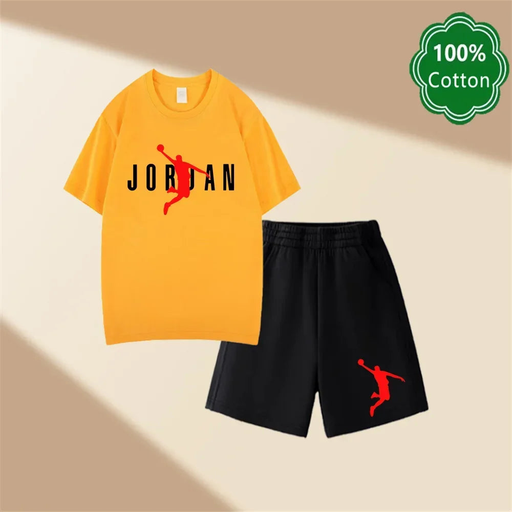 Conjunto de camiseta y pantalones cortos informales con estampado Harajuku Jordan, 100% algodón, diseño clásico, regalo de verano para niños y niñas de 3 a 14 años