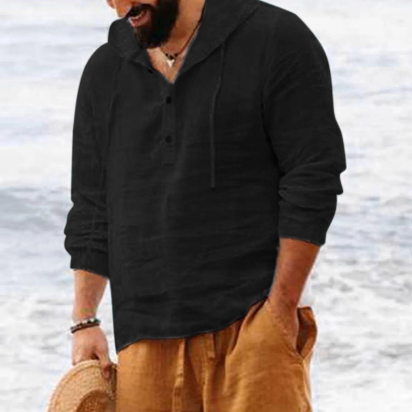 Camiseta de manga larga con capucha para hombre, camisa informal de lino y algodón con botones, Color sólido, Estilo Vintage, para playa, verano, 2026. Modergreen beach ⛱️