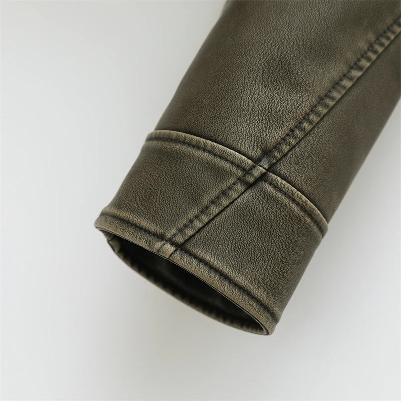 Chaqueta de cuero lavado con cinturón para mujer, abrigo corto con cremallera degradada y cuello vuelto Vintage, chaqueta elegan