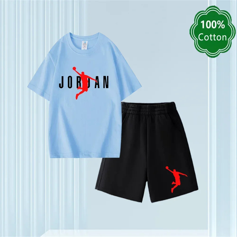 Conjunto de camiseta y pantalones cortos informales con estampado Harajuku Jordan, 100% algodón, diseño clásico, regalo de verano para niños y niñas de 3 a 14 años