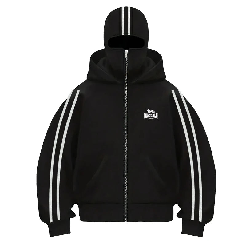 2025 Sudadera con capucha de doble sombrero de manga larga para fitness al aire libre de otoño e invierno para hombre Chaqueta tipo cárdigan holgada, moderna e informal con cremallera