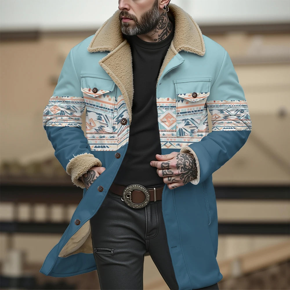 Chaqueta reversible con estampado tribal y cuello de piel sintética, abrigo con patrón geométrico para otoño e invierno, ropa de abrigo de doble bolsillo de estilo bohemio