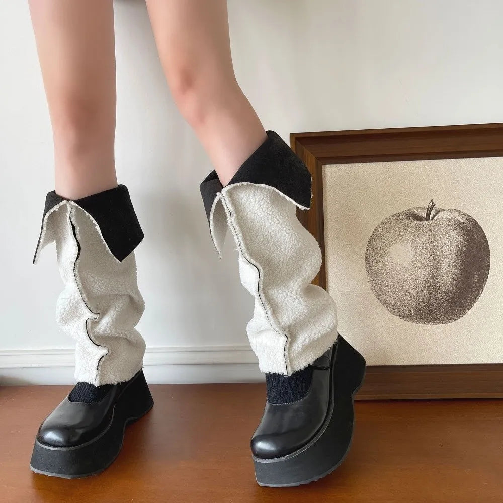 Calentadores de piernas de gamuza gruesa Lolita, diseño de cuello vuelto, protección contra el viento, cubierta para pies, botas cálidas a media pantorrilla, cubierta para Otoño e Invierno