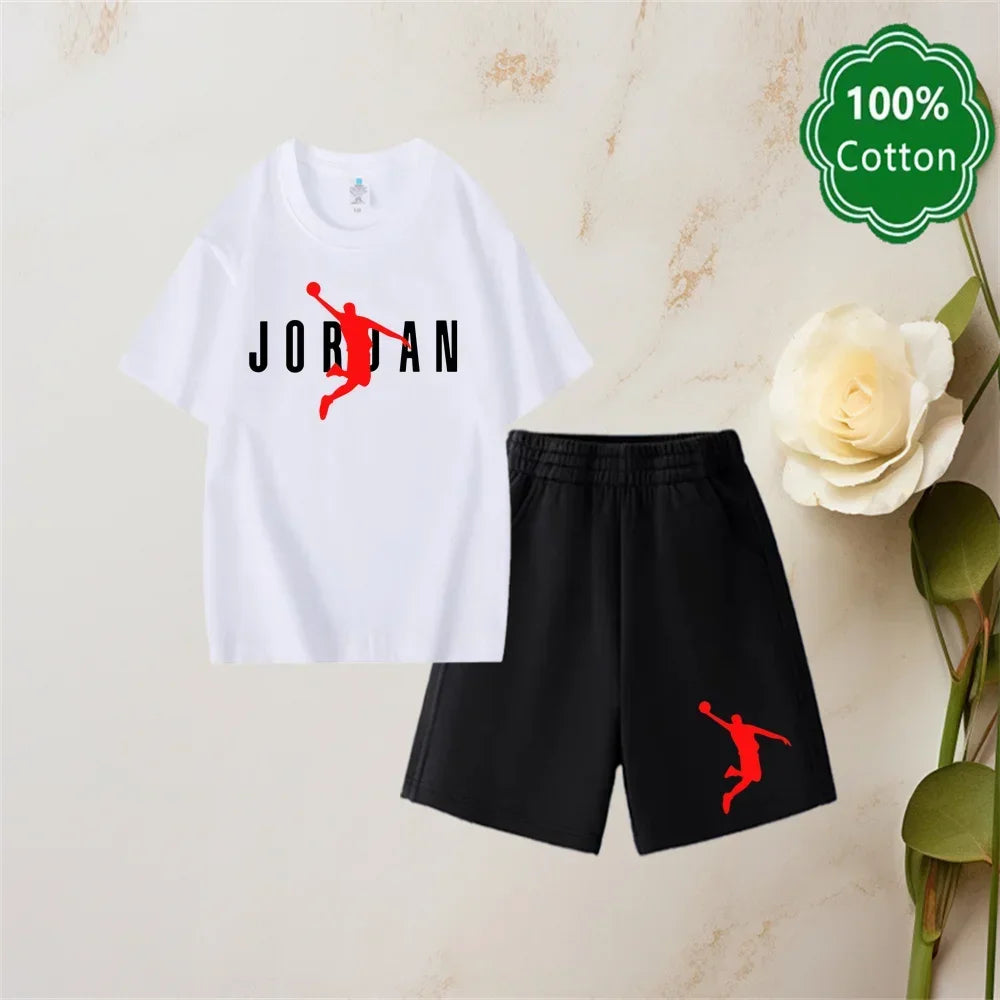 Conjunto de camiseta y pantalones cortos informales con estampado Harajuku Jordan, 100% algodón, diseño clásico, regalo de verano para niños y niñas de 3 a 14 años