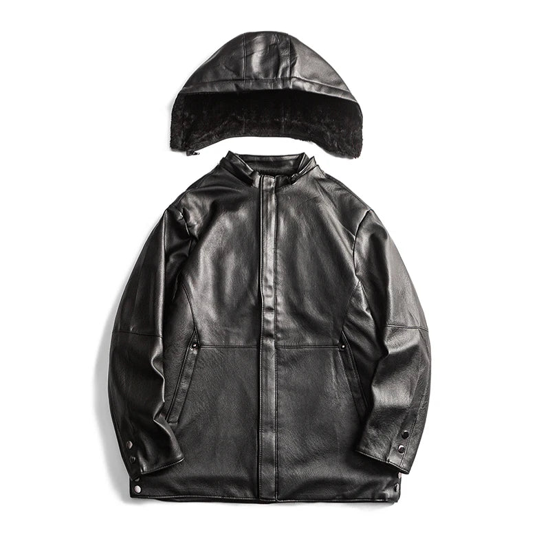 Chaqueta de cuero negro Vintage para hombre, abrigo cálido a prueba de viento con forro polar de invierno, ropa de lujo para hombre, chaqueta de cuero para hombre