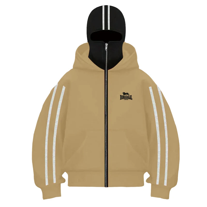 2025 Sudadera con capucha de doble sombrero de manga larga para fitness al aire libre de otoño e invierno para hombre Chaqueta tipo cárdigan holgada, moderna e informal con cremallera